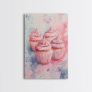 Pink frosted cupcake painting on framed canvas print, whimsical art, food review kitchen art, living room art, guest room decor