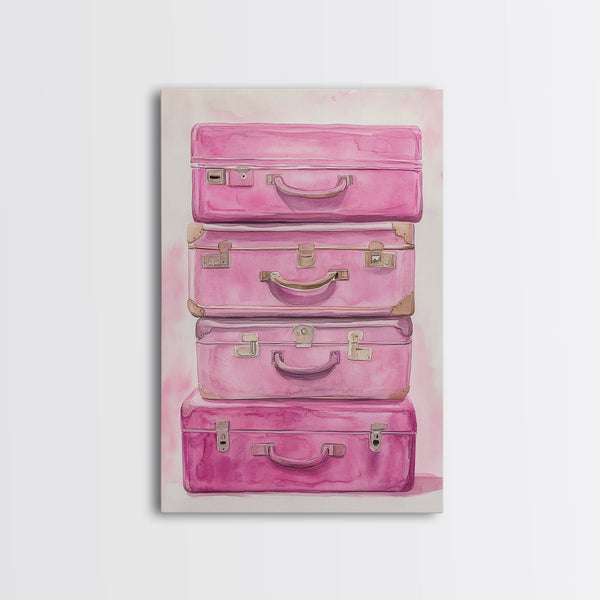 Vintage Luggage Framed Canvas Print Rustic Cottagecore Travel Wall Art, Feminine Pink Home Decor, Bedroom Accent Living Room Art