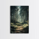 Forest Path Landscape Framed Canvas Print with Pine Tree Art, Rustic Decor and Serene Nature Above Sofa Artwork