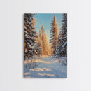 Winter Wonderland Framed Canvas Print, Snowy Forest Landscape Painting with Pine Tree Art, Cozy Rustic Wall Decor