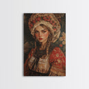 Vintage Folk Art Framed Canvas Print Featuring European Woman in Garden with Rustic Boho Aesthetic, Perfect Gift Idea for Her