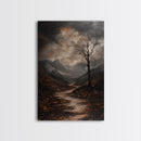 Mountain Painting Framed Canvas Print with Mystical Sunrise Over Autumn Forest Path, Rustic Landscape Art with Moody Coastal Vibes