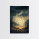 Landscape Painting Framed Canvas Print Featuring Sunset Over Autumn Forest with Dark Romantic Smoky Mountain Art and Rustic Decor