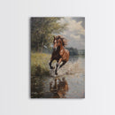 Splashed Stallion Crossing Water Framed Canvas Print Vintage Horse Art Rustic Wall Art Living Room Gift Idea Boho Style