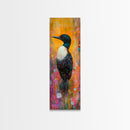 Loon painting, bird art, whimsical art, colorful art, tall narrow art, framed canvas print, moody art, bedroom decor, modern style