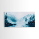 Misty Mountains, pine tree art, wabi sabi wall art, smoky mountain art, panoramic painting, nature painting, Framed Canvas Print