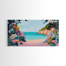 Tropical Beach, coastal wall art, Hawaii art, pink orange wall art, extra wide art, panoramic painting, framed canvas print