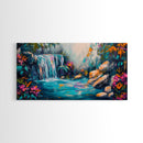 Vibrant Waterfall, Canvas Print, landscape painting, moody art, tropical art, teal wall art, extra wide art, rustic decor