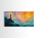Lighthouse Sunset, coastal painting, nautical wall art, seascape painting, lighthouse art, framed canvas print, panoramic art