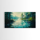 Tranquil lake, misty trees, landscape painting, extra wide art, wabi sabi art, minimalist art, framed canvas print, above couch art