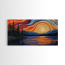 Sunset Lake, Mountain Painting, Framed Canvas Print, Pine Tree Art, Pink Orange Wall Art, Rustic Art, Landscape Painting