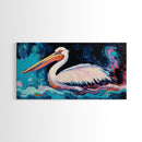 Bird art, pelican painting, framed canvas print, coastal decor, extra wide art, tropical painting, colorful abstract wall art