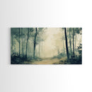 Foggy Forest Path, forest at dusk painting, pine tree art, wabi sabi art, moody art, extra wide art, rustic wall art, Canvas Print