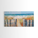 Beach Fence, coastal painting, framed canvas print, nautical decor, seascape painting, blue and green wall art, extra wide art
