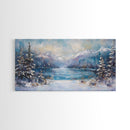 Lake Tahoe Art, Snowy Landscape, Winter Cabin Decor, Framed Canvas Print, Blue and Green Wall Art, Horizontal Wall Art