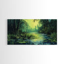 Forest Lagoon, green wall art, nature landscape painting, botanical prints, wabi sabi art, extra wide art, Framed Canvas Print