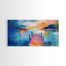 Lake Dock, sunset painting, nautical decor, coastal landscape art, wabi sabi art, extra wide art, rustic decor, Framed Canvas Print