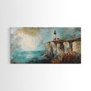 Lighthouse at Cliff, nautical wall art, coastal decor, dramatic seascape painting, panoramic painting, Framed Canvas Print, above sofa art