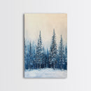 Winter Forest Scene, pine tree art, rustic wall art, moody art, landscape painting, minimalist art, Framed Canvas Print