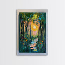 Forest Sunrise Path, wildflower painting, forest at dusk painting, wabi sabi wall art, whimsical art, Canvas Print