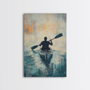 Kayaker at Sunset, Coastal Landscape Art, Nautical Wall Art, Moody Art, Above Sofa Art, Ocean Painting, Framed Canvas Print