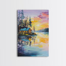 Cabin, Lake, Sunset, Framed Canvas Print, landscape painting, rustic wall art, above bed wall art, pine tree art, above sofa art