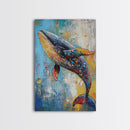 Blue Whale Framed Canvas Print Ocean Wildlife Art Colorful Nautical Wall Decor Coastal Home Aesthetic Sea Lover Gift