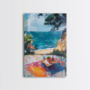 Beach Picnic, coastal cowgirl wall art, nautical decor, food review kitchen art, ocean view, tropical art, Framed Canvas Print, gift idea