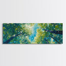Sunlit Forest Framed Canvas Print Vibrant Nature Wall Art, Green Tree Canopy Painting, Bright Boho Decor, Botanical Living Room Art