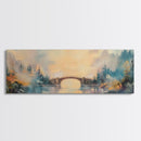 Misty Bridge Framed Canvas Print, Dreamy Lake Landscape Wall Art, Autumn Home Decor, Romantic Nature Painting, Serene Wall Artwork