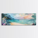 Tropical Beach Paradise Framed Canvas Print, Vibrant Ocean Wall Art, Hawaii Sunset Painting, Coastal Living Room Decor, Relaxing Art