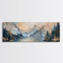 Mountain Lake Reflection Framed Canvas Print - Tranquil Nature Painting, Neutral Home Decor, Minimalist Landscape Wall Art