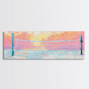 Sunset Beach Volleyball Painting, Pastel Ocean Sports Art, Fun Summer Wall Decor, Playful Living Room, Framed Canvas Print