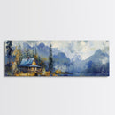 Mountain Cabin Painting Rustic Lakeside Autumn Landscape Wall Art Cozy Wilderness Retreat Artwork Living Room