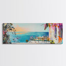 Mediterranean Patio Framed Canvas Print, Coastal Landscape Wall Art, Romantic Seaside Painting, Dining Room Decor, Boho Art