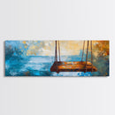 Rustic Wooden Swing by the Ocean, Serene Beach Wall Art, Tranquil Coastal Decor, Dreamy Blue and Gold Painting, Bedroom Artwork