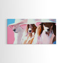 Stylish Dogs, Trendy Animal Art, Pink Aesthetic Print, Modern Pet Portrait, Whimsical Wall Art, Playful Decor, Framed Canvas Print