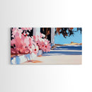 Flowers, Sunlit Walkway, Mediterranean Style Art, Floral Painting, Romantic Landscape, Framed Canvas Print, Outdoor Wall Art, Pastel Tones