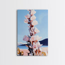 Wildflower Bloom, Pastel Floral Art, Nature Inspired, Tranquil Landscape, Soft Blue and Pink Hues, Framed Canvas Print, Entryway