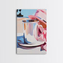 Silver Cup and Hat, Elegant Still Life, Minimalist Kitchen Decor, Soft Pastel, Modern Aesthetic, Canvas Print, Framed Canvas Print
