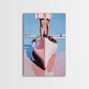 Pink Canoe, Girl, Reflection, Framed Canvas Print, Coastal Wall Art, Nautical Decor, Summer Aesthetic, Beach House Art, Boho Art