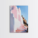 Mediterranean Steps, Coastal Wall Art, Santorini Print, Blue and Pink Decor, Travel Painting, Framed Canvas Print, Living Room Art