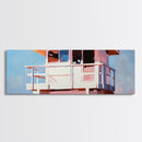 Lifeguard Tower, Ocean, Coastal, Framed Canvas Print, Beach House Decor, Nautical Wall Art, Minimalist Aesthetic, Blue and White Tones