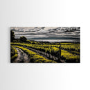 Vineyard View, Rolling Hills, Country Art, Framed Canvas Print, Rustic Landscape, Black White Yellow, Living Room Wall Art, Large Canvas