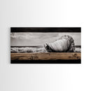 Seashell and Waves, Nautical Art, Coastal Beach Decor, Black and White Seascape, Ocean Home Art, Framed Canvas Print, Elegant Art