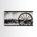 Wagon Wheel, Mountain Landscape, Black and White Western Art, Rustic Home Decor, Framed Canvas Print, Farmhouse Living Room Art