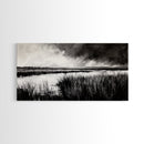 Marshland Landscape, Moody Black and White Art, Nature Wall Decor, Large Framed Canvas Print, Serene Wetlands Painting