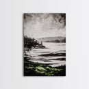 Misty Mountain View, Black and White Landscape, Minimalist Nature Wall Art, Bedroom Decor, Framed Canvas Print, Neutral Aesthetic