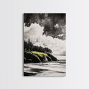 Coastal Cliffs, Black and White Landscape, Moody Sky Painting, Rustic Nature Wall Art, Office Decor, Framed Canvas Print