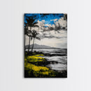 Tropical Beach Scene, Coastal Landscape Art, Black White Blue Yellow, Palm Tree Ocean Decor, Relaxing Home Gift, Framed Canvas Print